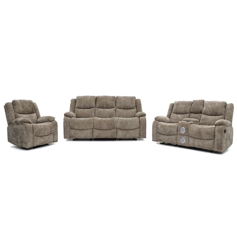 9206MF Geeksofa Fabric Manual Motion Recliner Sofa Set with Console & Bluetooth Speaker
